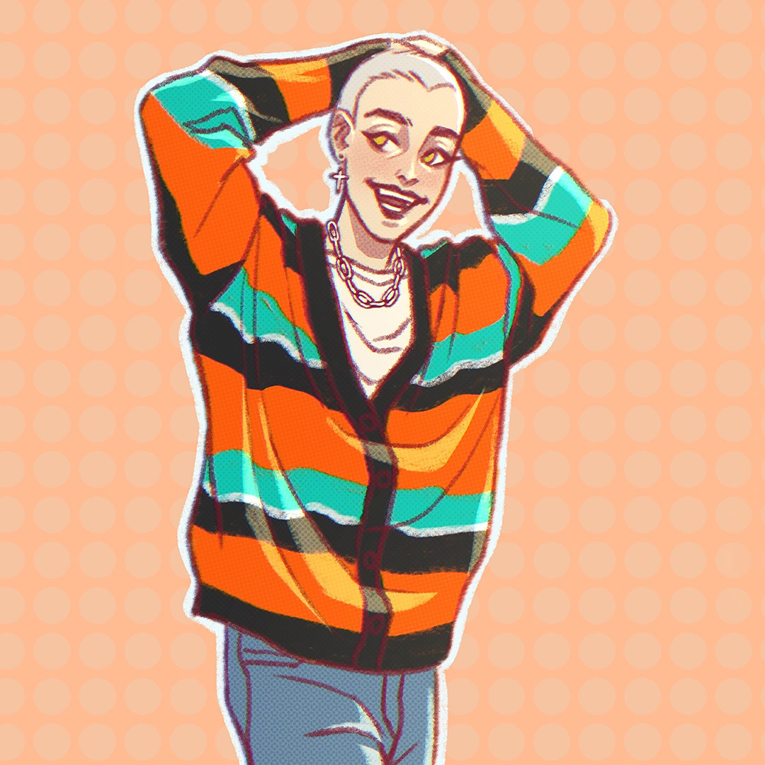 A smiling female in a light orange background holds her arms behind the head relaxed. She wears a bright orange cardigan with turquoise and black stripes.