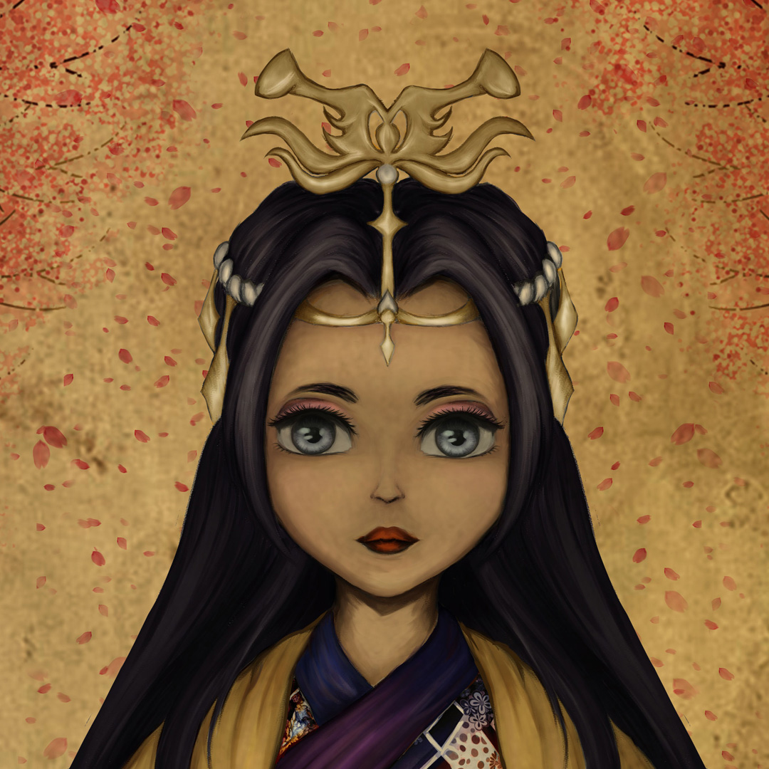 A female figure is centered in the image. The female has long dark hair and a serious expression with big silver eyes that look directly at viewer. The figure is wearing traditional Japanese clothing and gold colored hair ornaments. The whole image has a yellow tint to it which gives it an "old paper" quality to it. In the background cherry blossom petals are seeing falling in pink and orange hues.