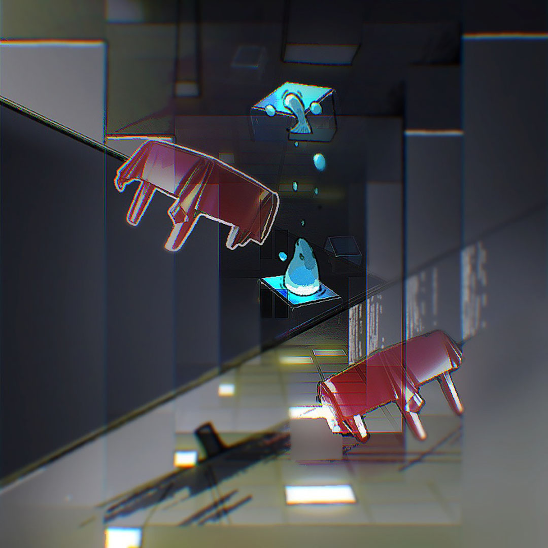 A mixed media digital piece, with several geometric forms in a grey - black background. Pink tables, blue and yellow lights exist in the space with a rendered walrus coming out of two blue panels.