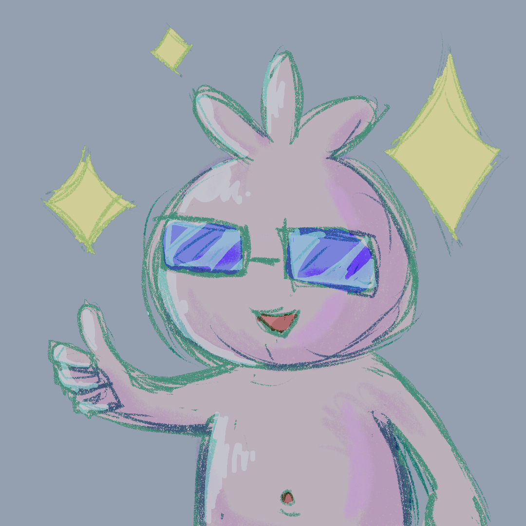 A pale, pink coloured figure with an onion shaped head wearing blue sunglasses is centrally positioned in a digital illustration. The figure is giving a thumbs up gesture while smiling widely. The background of the image is a vacant wash of lavender. There are three yellow stars of varying sizes positioned around the figure’s head.