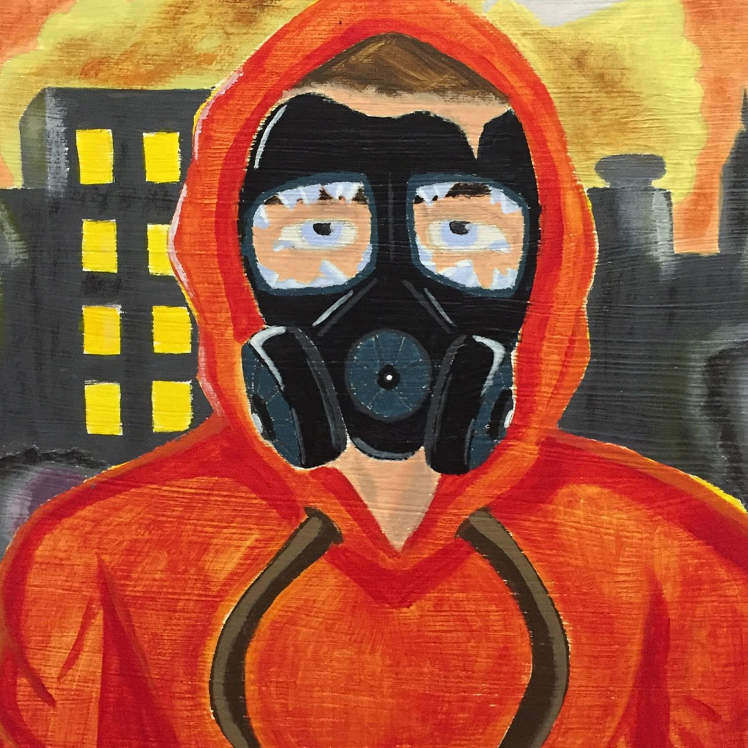 Human character with brown hair, wearing an orange hoodie along with a black broken anti gas mask. The character eyes are blue and there are tears coming from the corner of each eye. There is also a destroyed city as a background, as well as an orange and yellow smoke cloud surrounding the buildings.