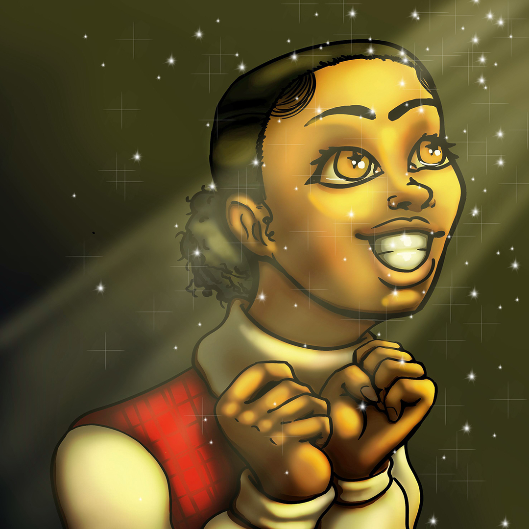 This image shows the portrait of a girl with a low puff smiling excitingly while looking up to the top right of the piece. She has starry eyes, a soft light beam shining down on her. She is wearing a turtleneck sweater.