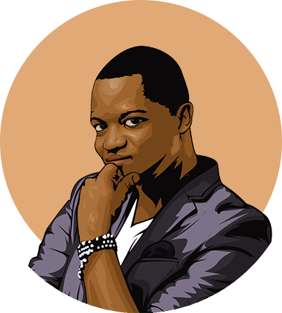 A vector headshot of Matthieu Disna in front of a beige circle. Matthieu is wearing a gray blazer and wrist accessory.