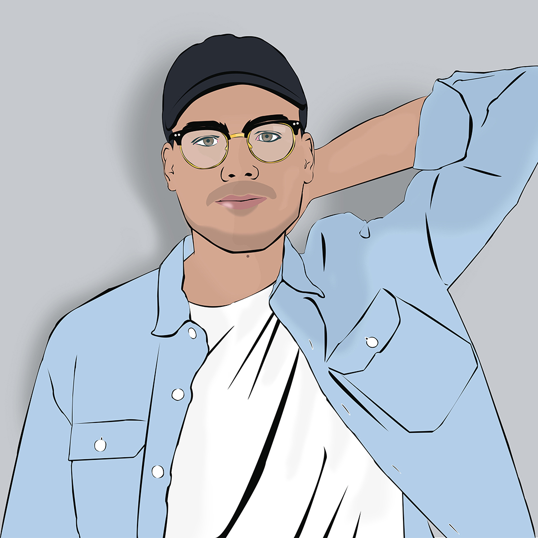 This headshot is an illustration of Valdet Semovski standing in front of a wall, wearing a hat, a t-shirt, and a button up long sleeve over top.