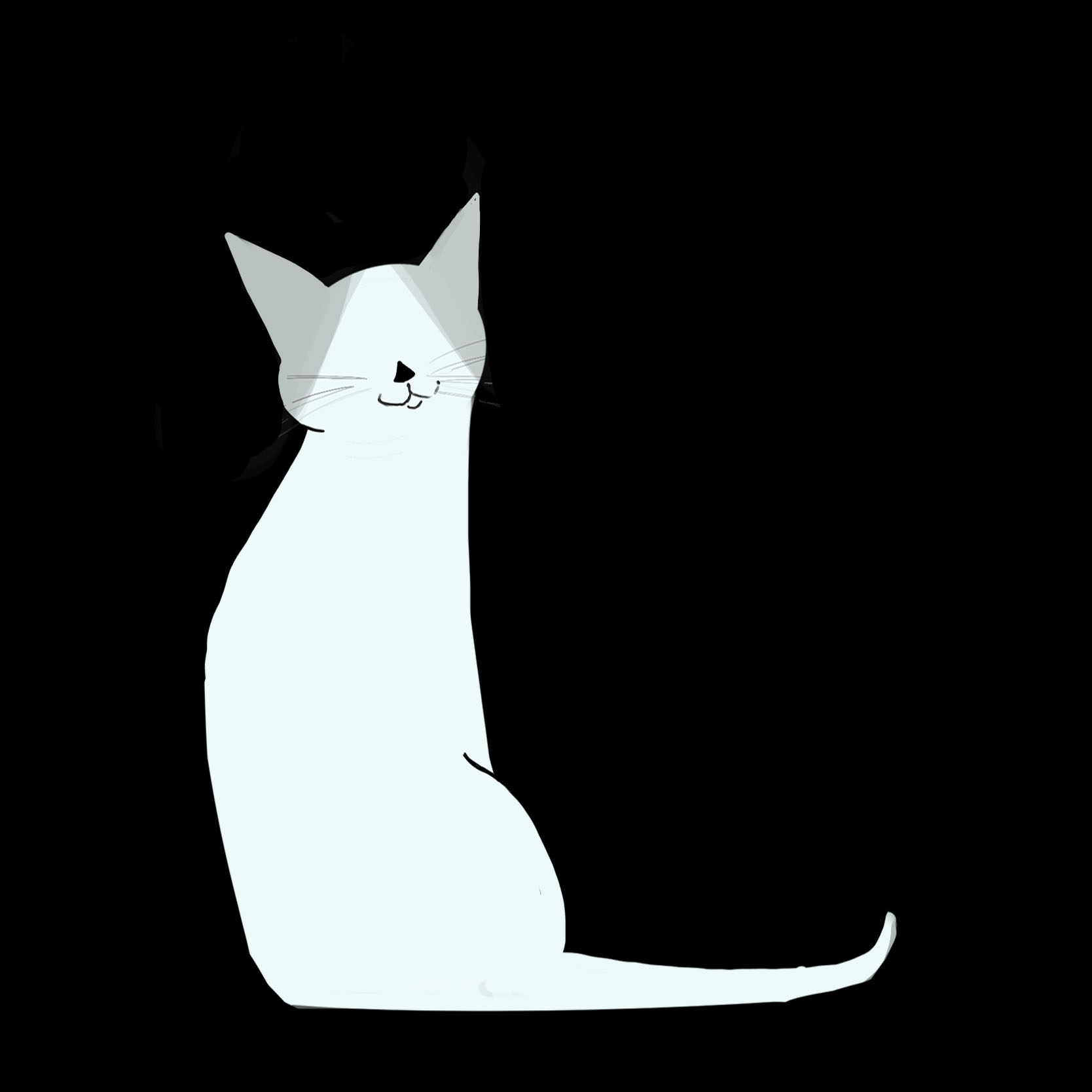 A personal logo - A black and white cat sitting calmly and looking ahead with its tail curled up with text that reads Catherine Claveau.