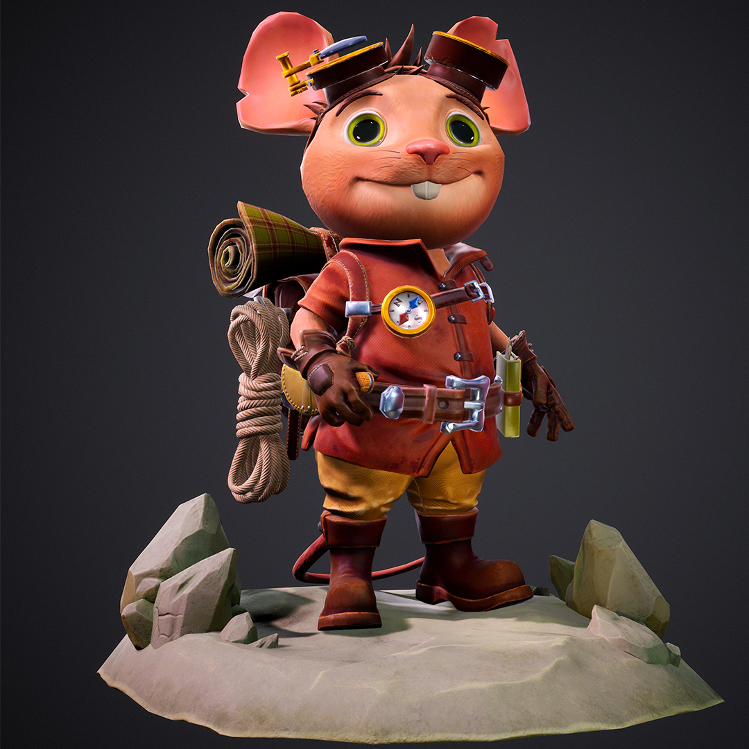 A render of a 3D stylized mouse explorer carrying his tools and equipment to help aid him on his adventures.