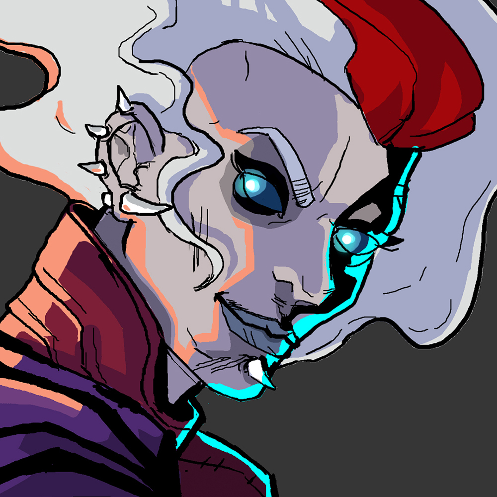 Cel shaded art of a woman with white hair with red streak. Her eyes glow an eerie blue.