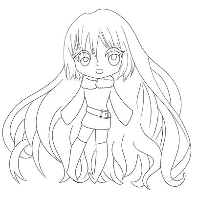 A line art of a chibi character with long flowing hair and big eyes. Wearing a sweater dress that has a fur neck line and long bell sleeves that cover the hands. A belt angled on the waistline of the dress and knee high boots.