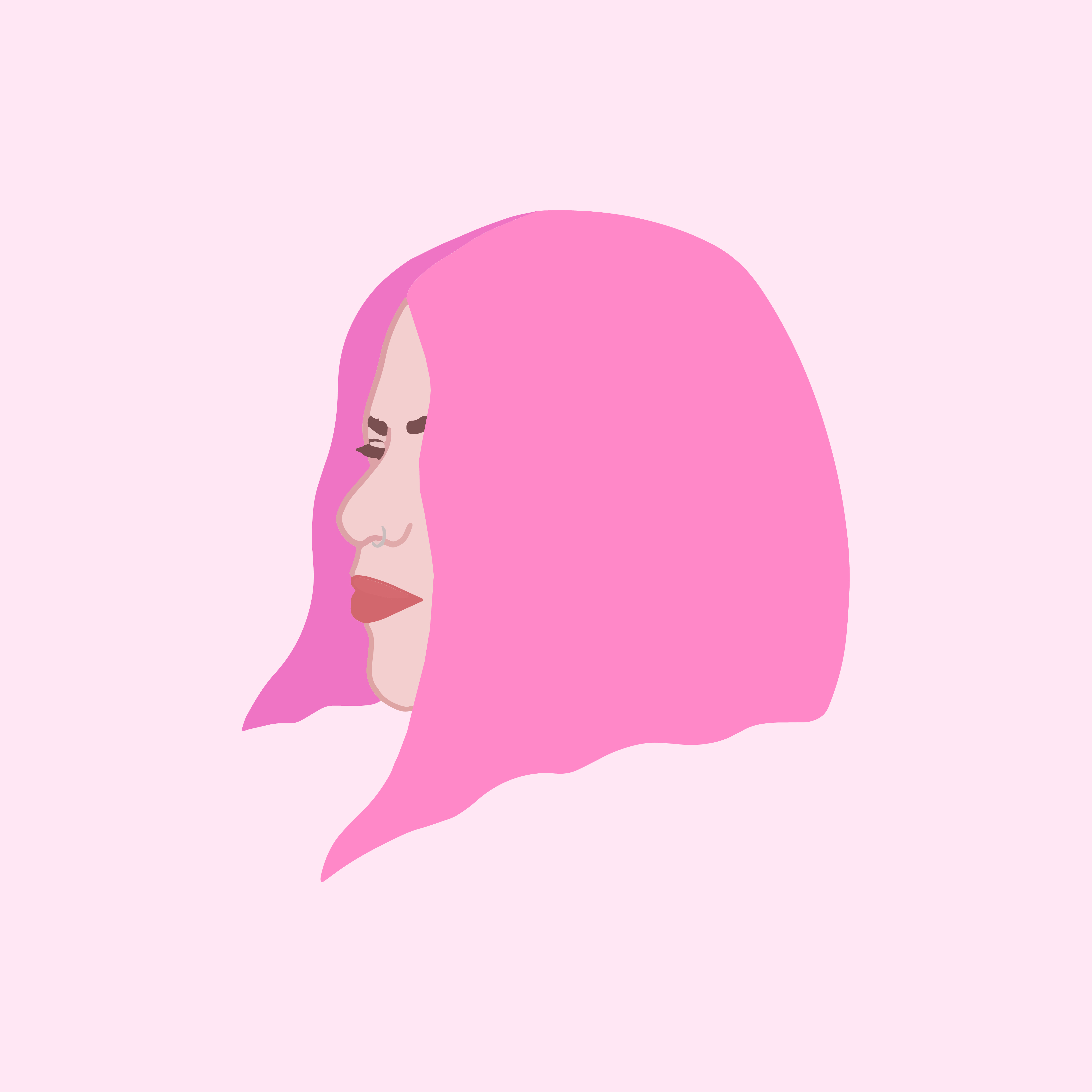 An illustration of a woman in profile with bright pink shoulder length hair on a light pink backgound. She is wearing red lipstick and has a ring in her nose.