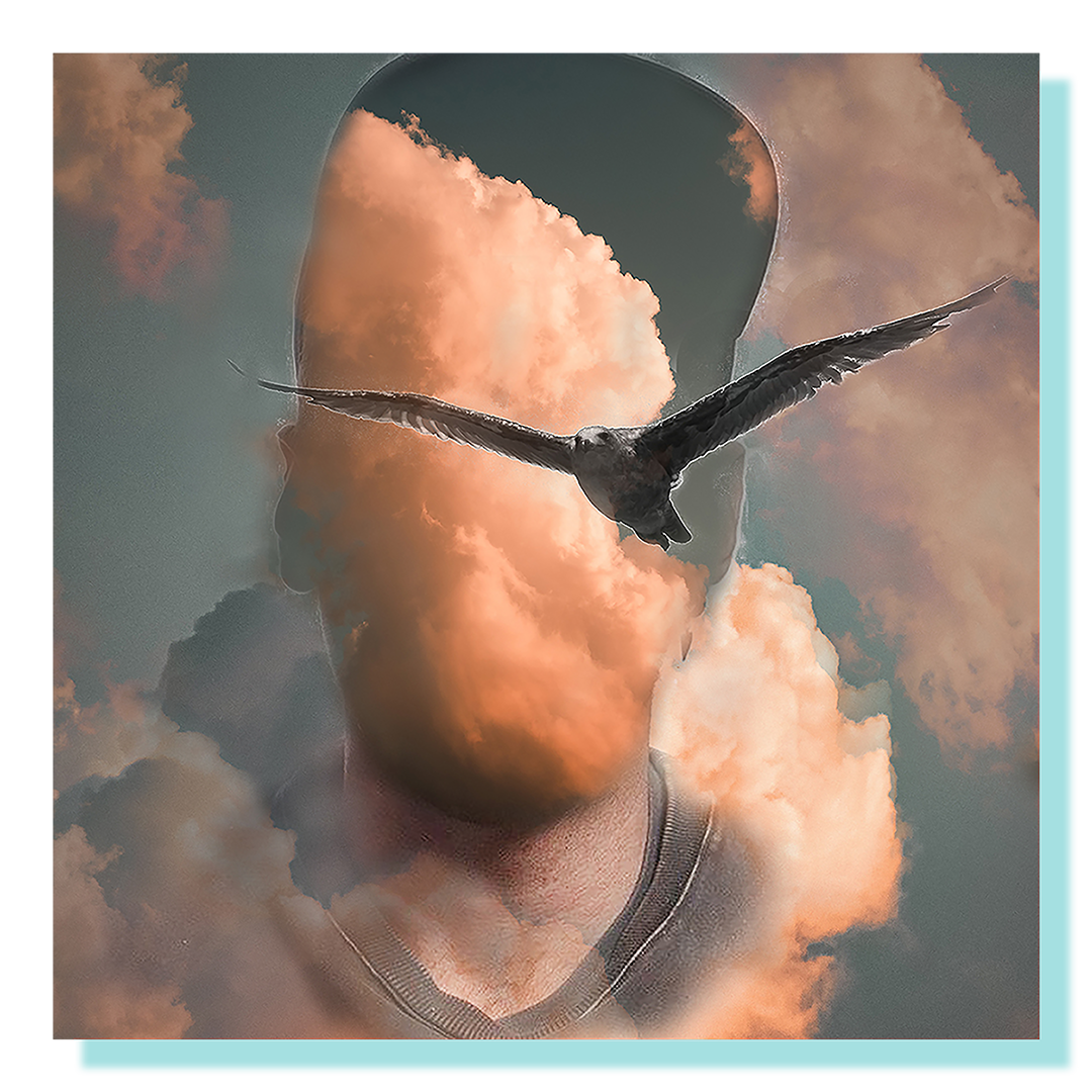 Multiple exposure of a bird, clouds, sky and figure in baseball cap.