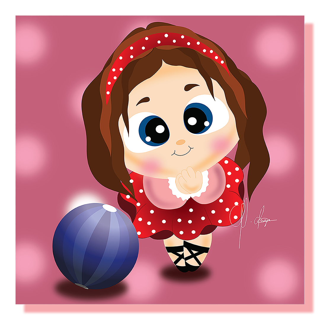 A cartoon illustration of a young girl dressed in red pock a dot ballerina clothes with a blue beach ball.