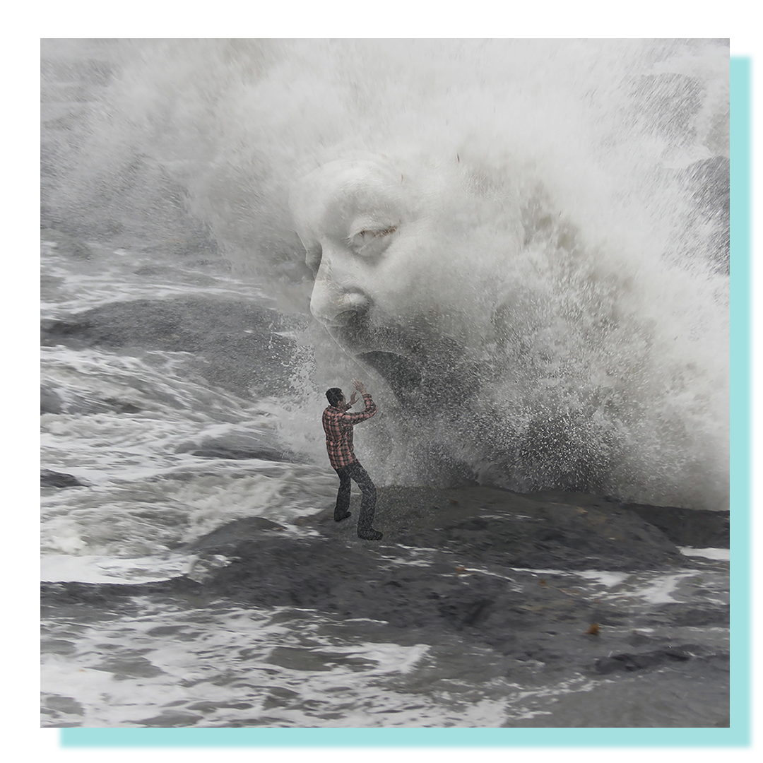 A black and white composite photo of three images: wave, face and person standing