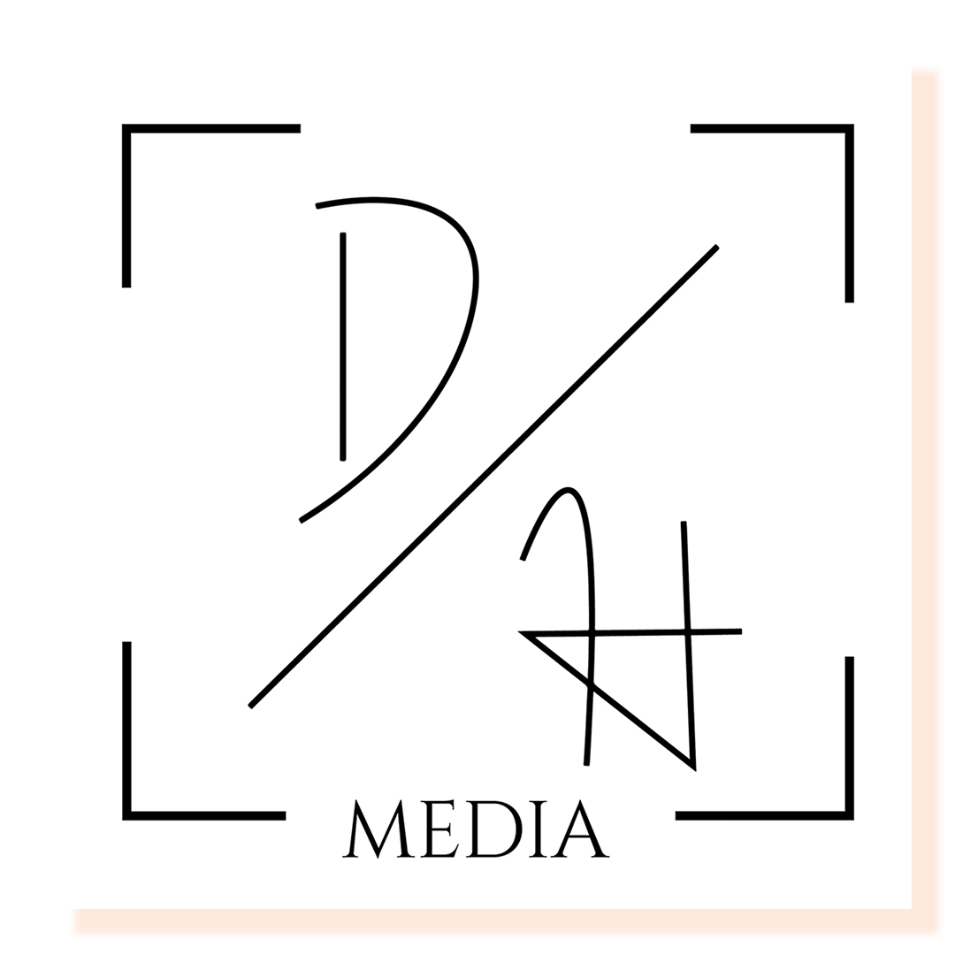 Black and white line drawing of a logo with letters D & H.