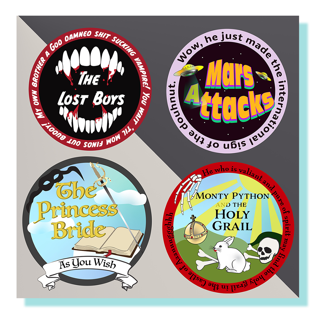 Four small round illustrations depicting movie posters.