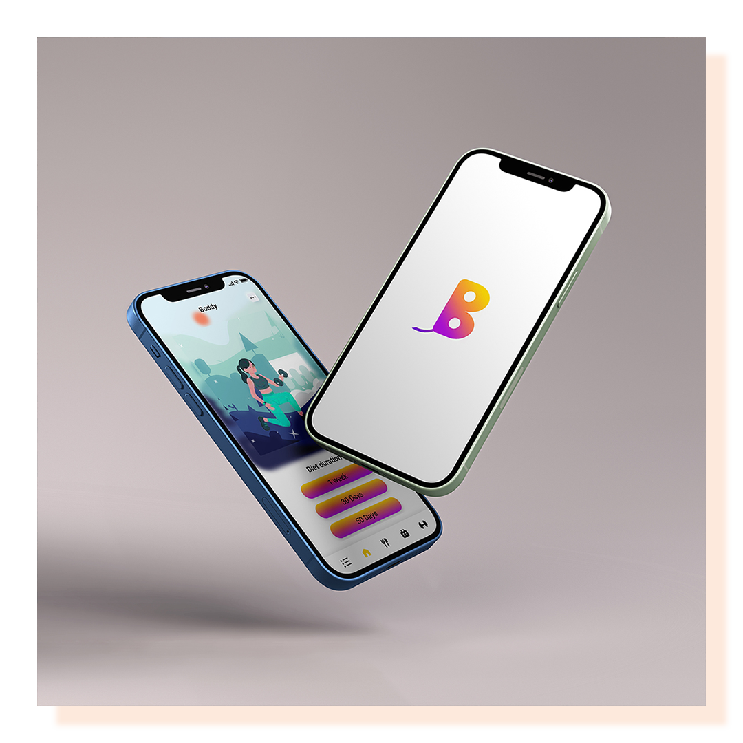 Two cell phone screens showing an app design prototype for a fitness company.