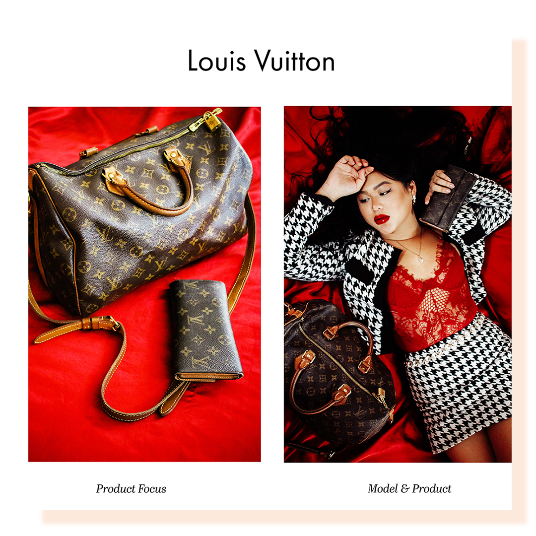 A split image with hand bags on left side of frame and a model laying down on the right side of frame