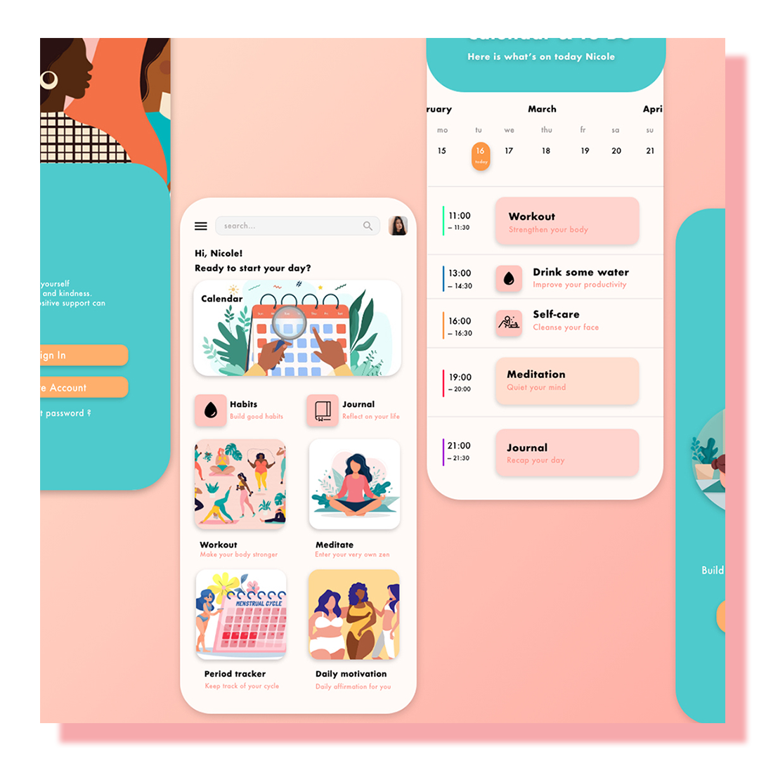 Three cell phone screen views showing the design of a self-care app