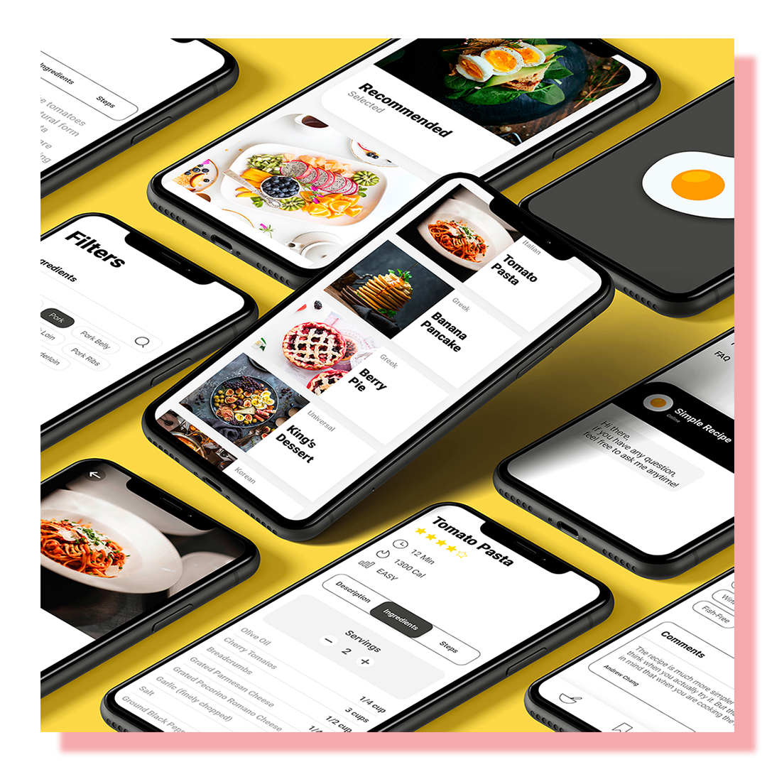 Several cell phone screens displaying protype designs for a food app.