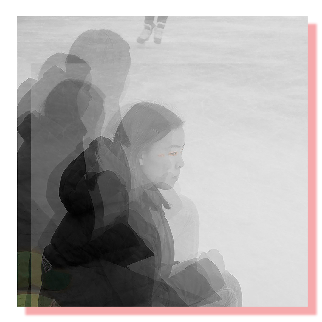 Black and white portrait of a girl seated on a skating rink. Displayed as a layered double exposure.