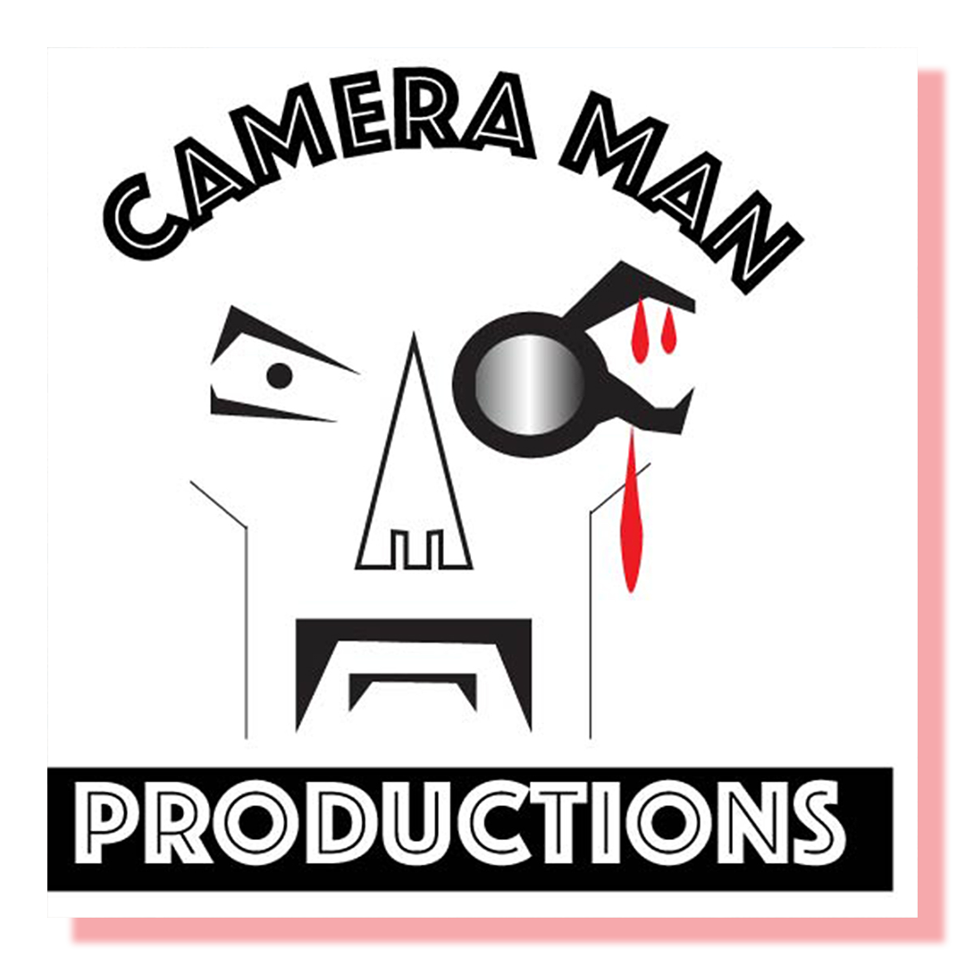 A logo line drawing of a face with a red light where the right eye should be