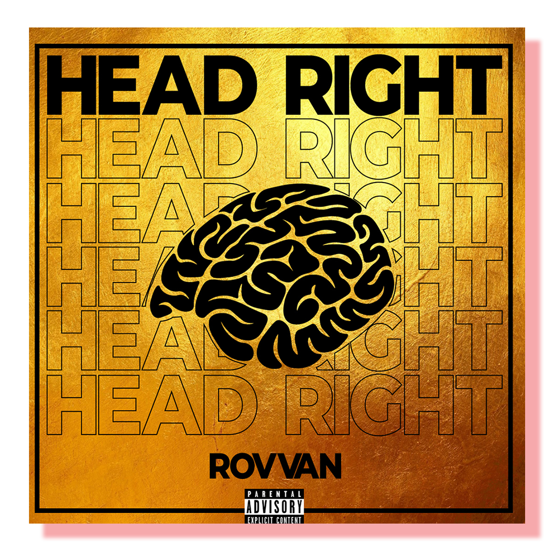 Poster with a brain and words Head Right repeated on a yellow and black backgrounds