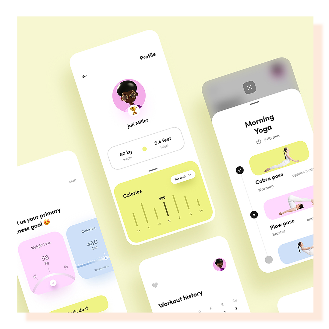 4 cell phone screens showing fitness app mockup design
