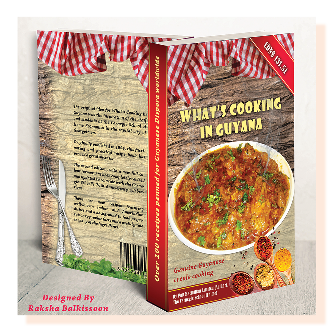 A book design showing the front and back. Cover has a bowl of food and the text reads What’s Cooking in Guyana