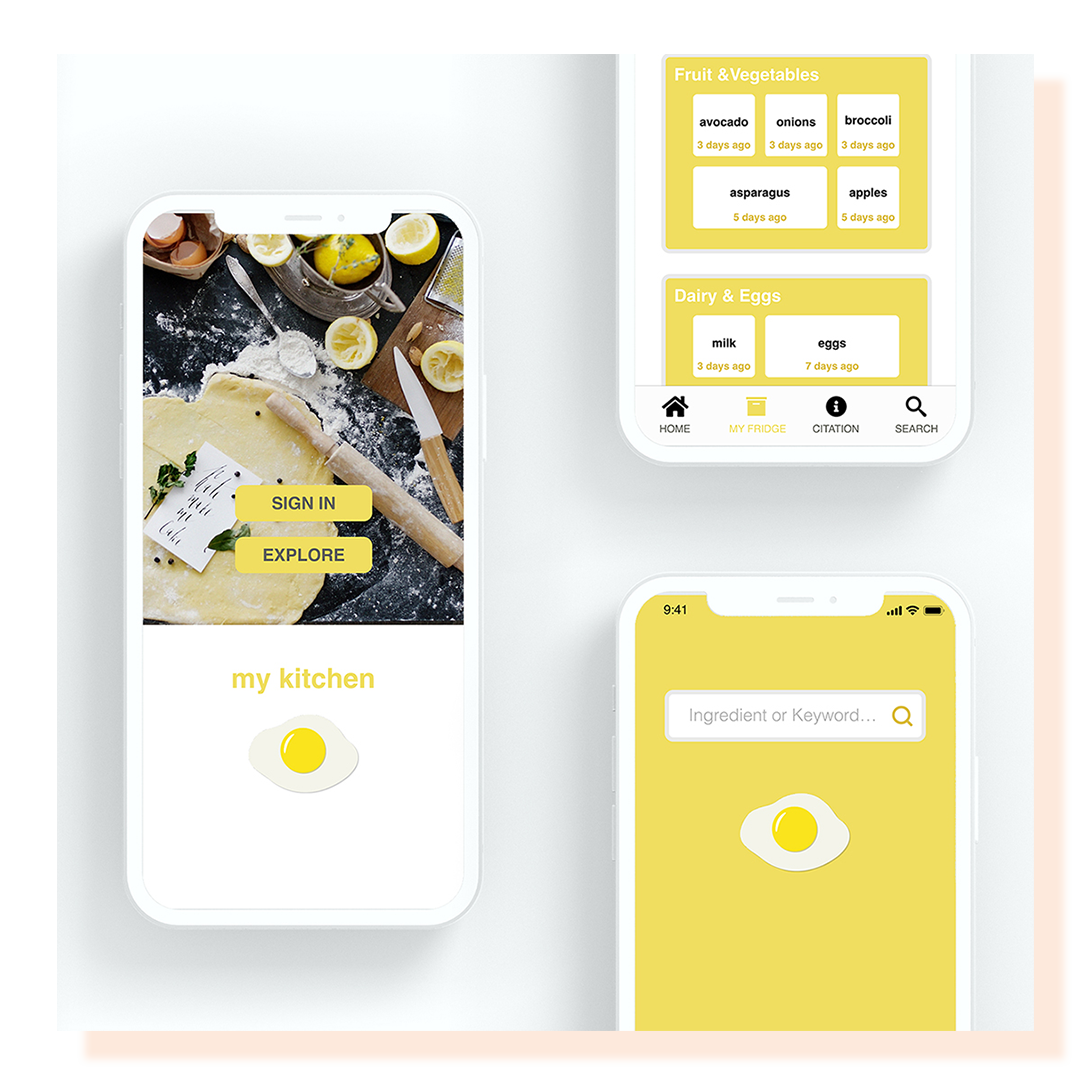 Several cell phone screens displaying yellow and grey protype designs for a kitchen app.