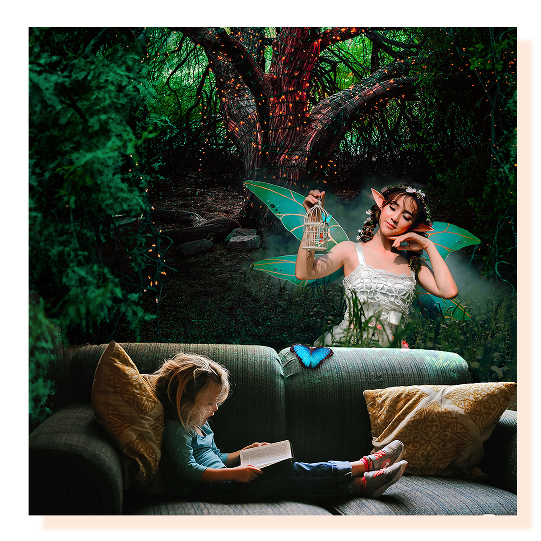 Girl reading a book on sofa with a fairy in the background forest.