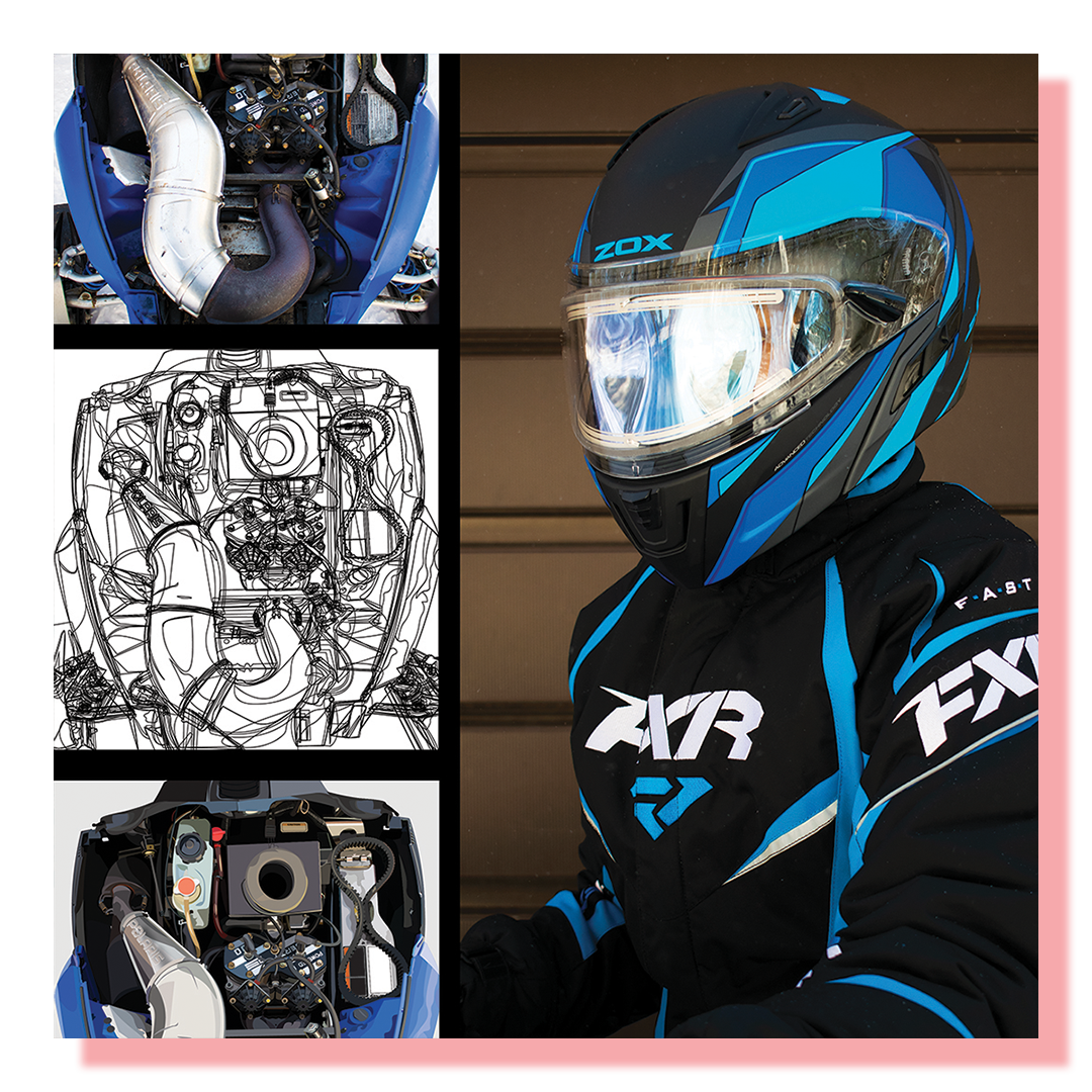 Three images of a snowmobile engine detail and one snowmobile rider in a snow suit.