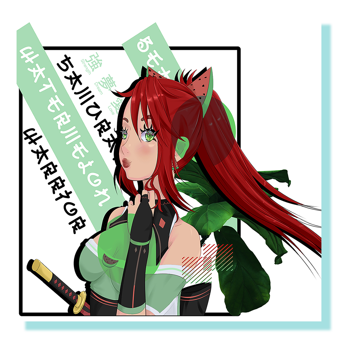 An animee character illustration. Warrior with red hair with watermelon slice on top and green clothing.