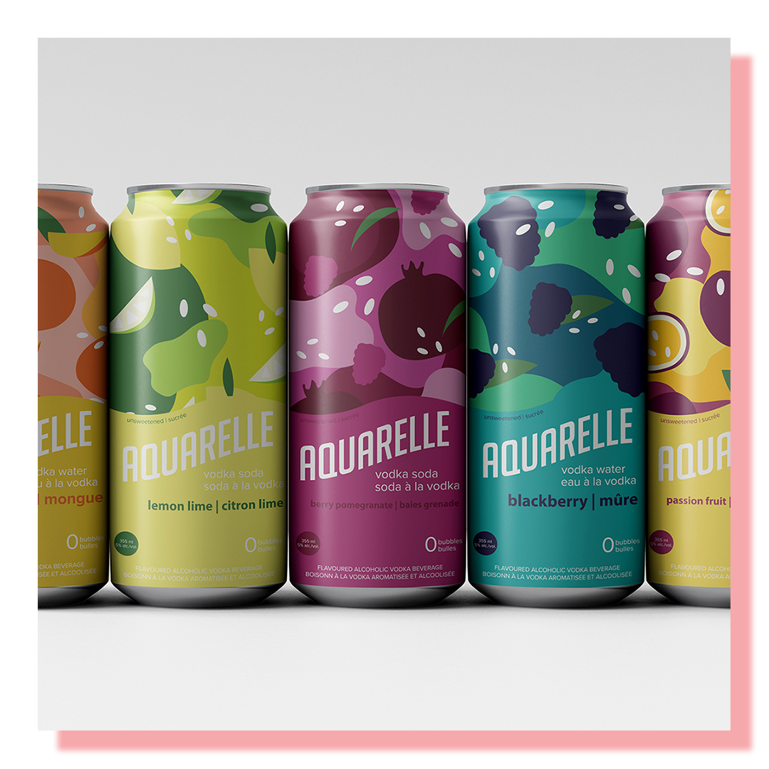 5 drink cans with brightly coloured logo design