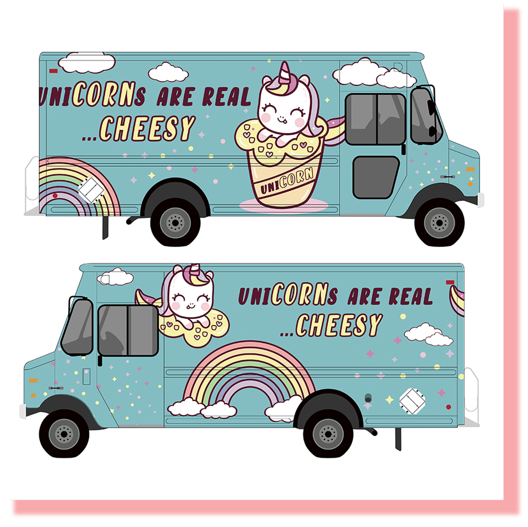 A brand guide including blue truck, logo with unicorn, menu, and a food truck skin design for the catering company.