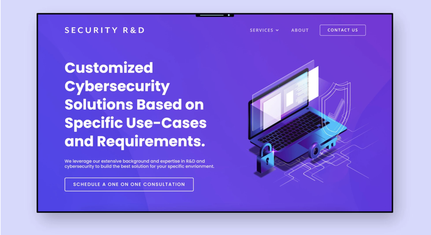 An ad of a purple laptop on a purple background. On the computer screen reads "Security R&D" "Security Solutions, Based on Specific Use-cases" In white type.