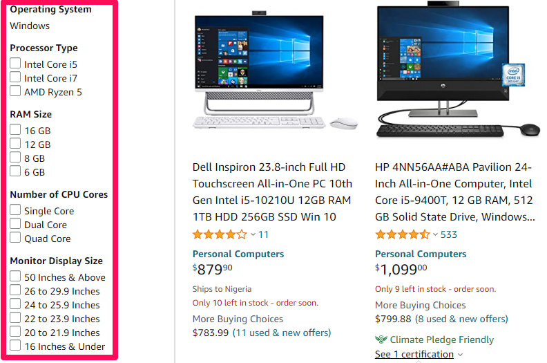 Category-Specific Filters - Amazon