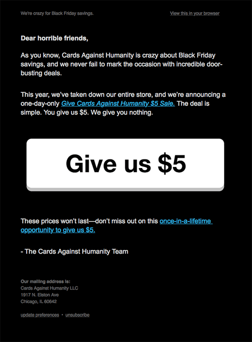 Black Friday example from Cards Against Humanity