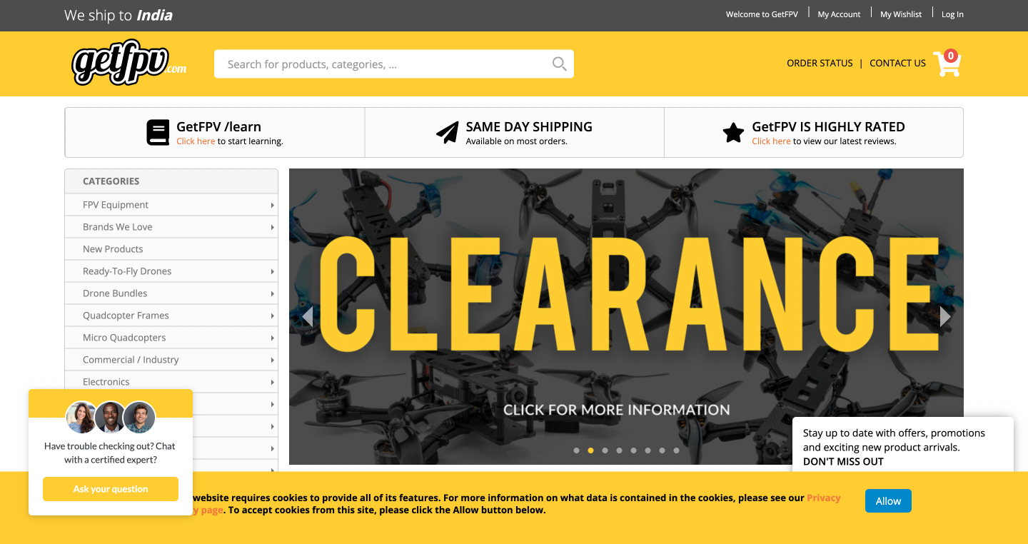 7 Examples of How to Announce Free Shipping for Faster Checkouts - GetFPV Sells More with Same Day Shipping