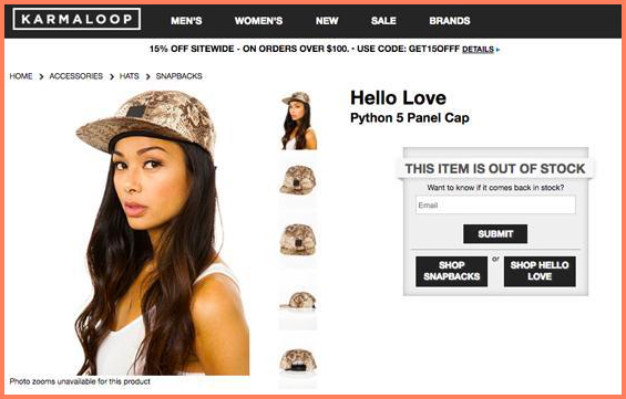 Example of out-of-stock message on the product page