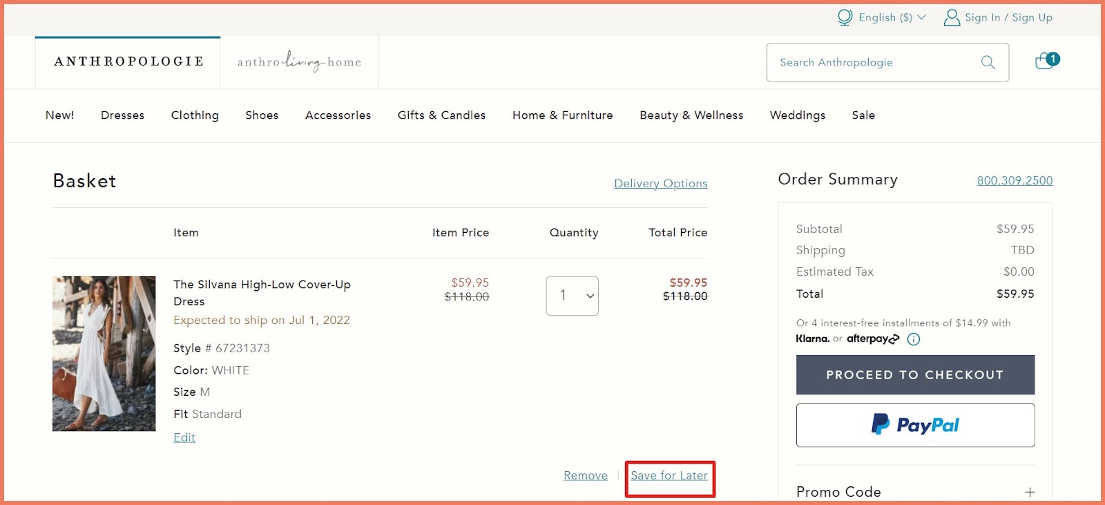 Anthropologie Save for later checkout page example