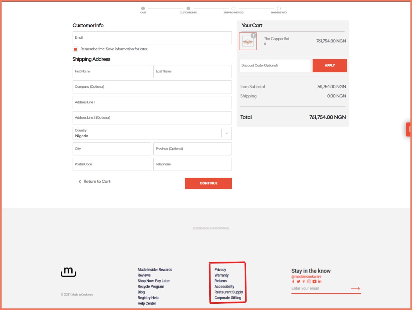 Checkout page refund policy example