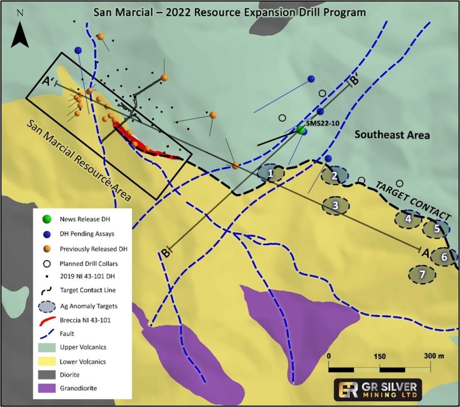 Figure 1: Location of 2022 Drill Holes - Southeast Area and San Marcial Resource Area (CNW Group/GR Silver Mining Ltd.)