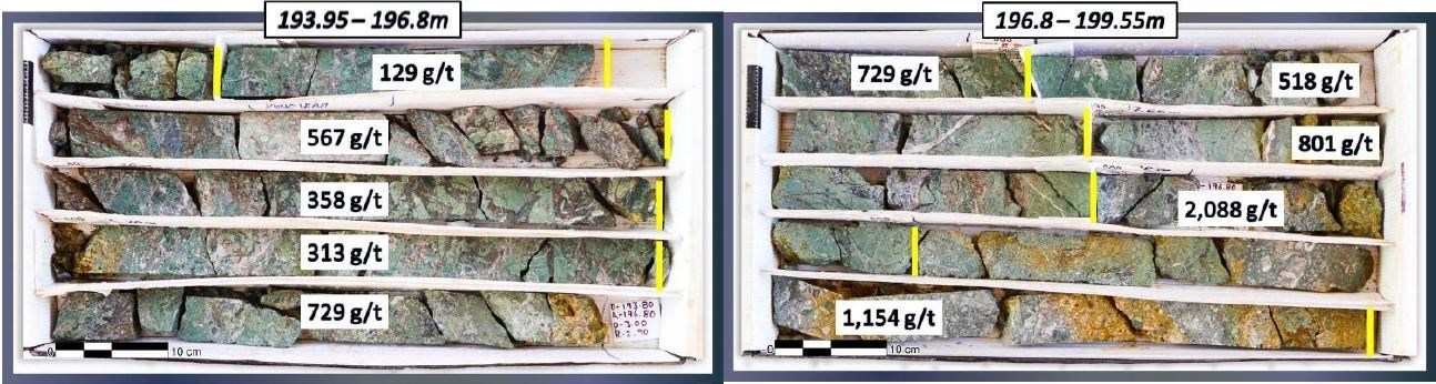 Figure 4: SMS22-10 Select Mineralized Drill Core – Discovery Zone (Ag grades) - Drill Core from 193.95 m to 199.55 m (CNW Group/GR Silver Mining Ltd.)