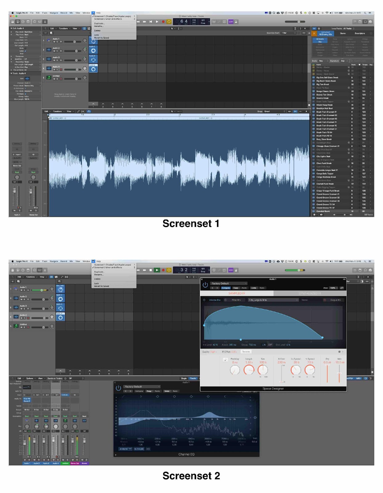 Logic Pro X two screensets (arrangements of windows) that are saved and easily recallable.