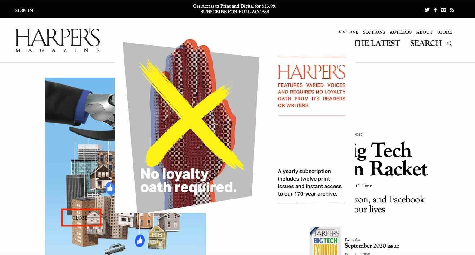 An image of an article on Harper's Bazaar's website. On top of the article appears a modal overlay. The close link appears outside of the modal overlay and is easily missed because it lacks contrast to the background, which is the article's image.