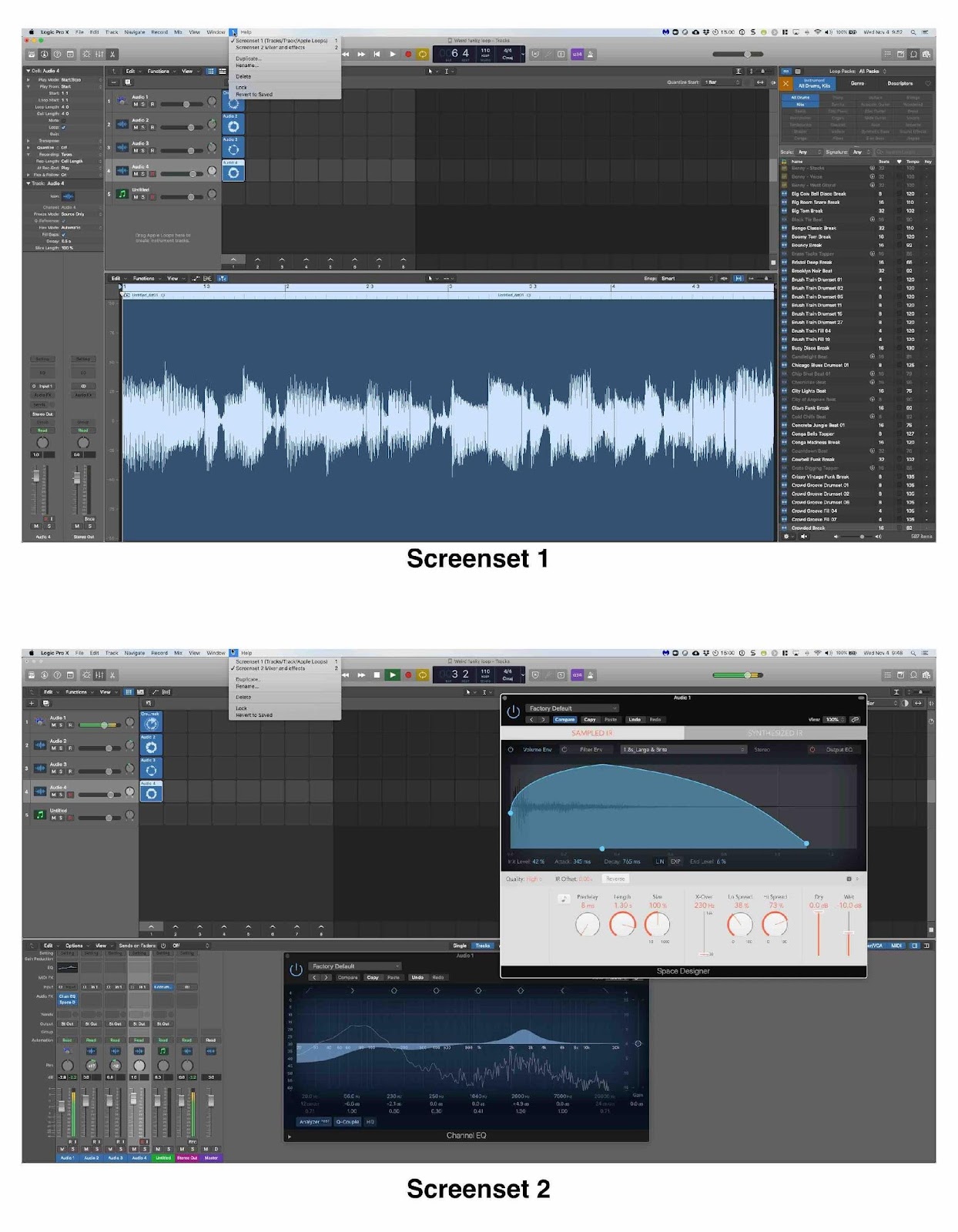 Logic Pro X two screensets (arrangements of windows) that are saved and easily recallable.