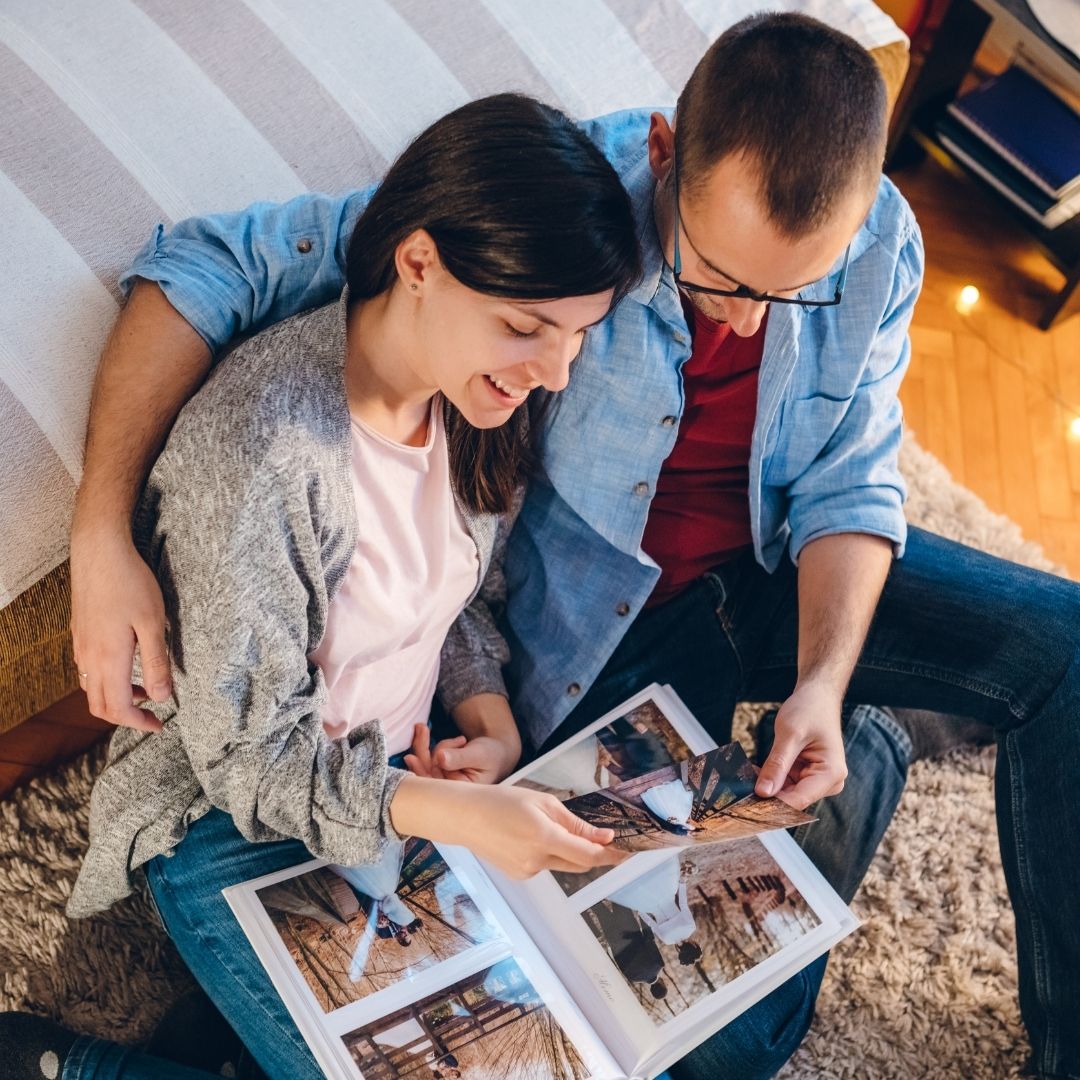 couple looking through photos