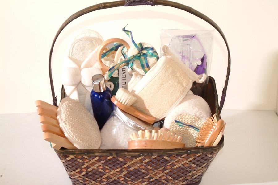 a gift basket filled with relaxation products