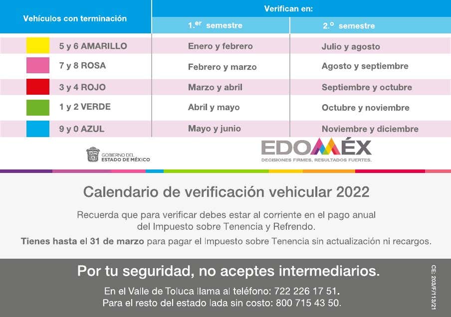 Calendario de Verificación Vehicular Estado de México 2022