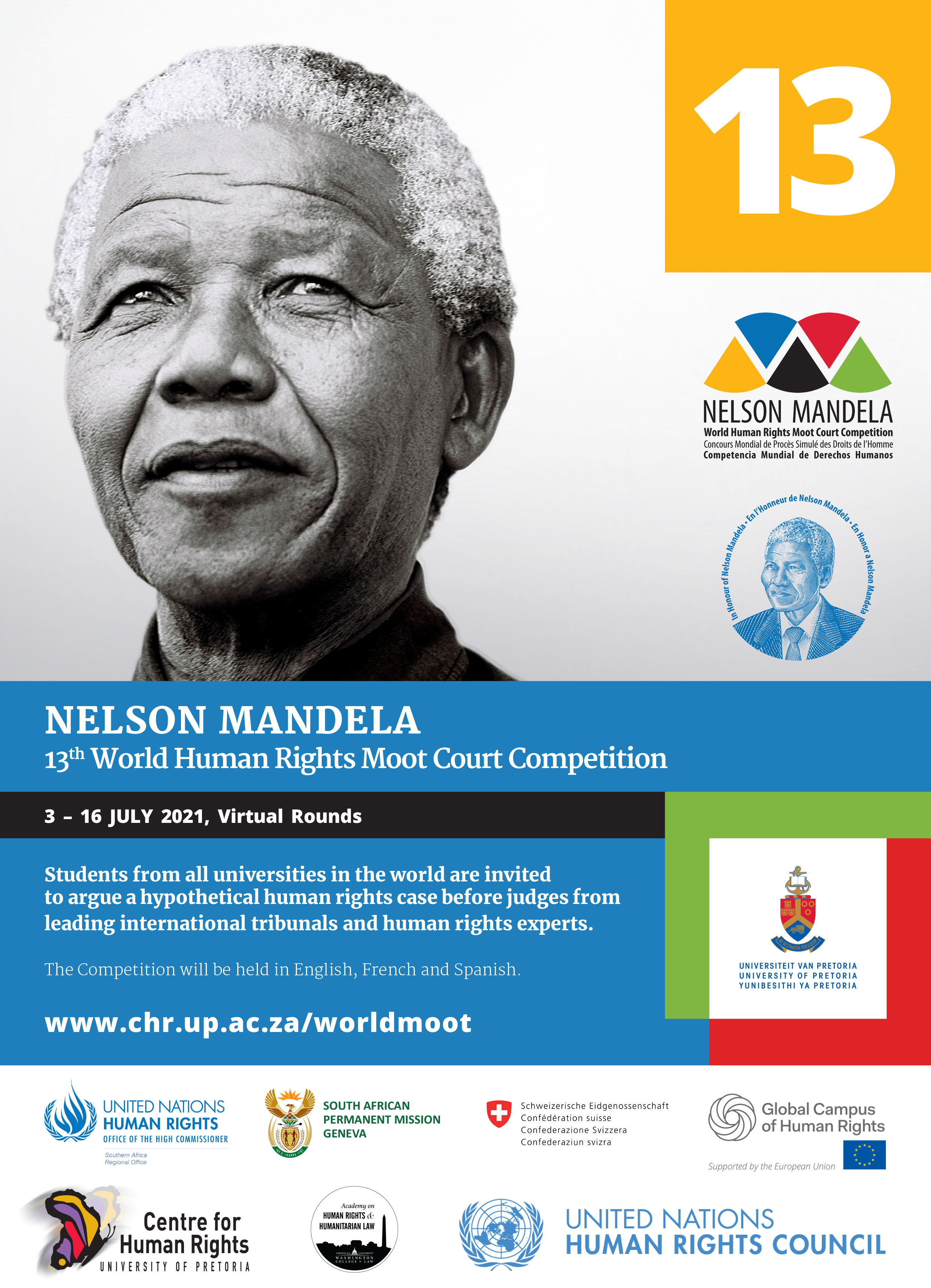 A poster of the Nelson Mandela World Human Rights Moot Court competition.