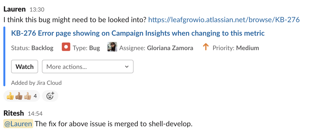 Lauren Porteous tech team Slack chat screenshot